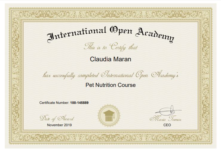 Claudia Maran Pet Nutrition Course certificate, International Open Academy