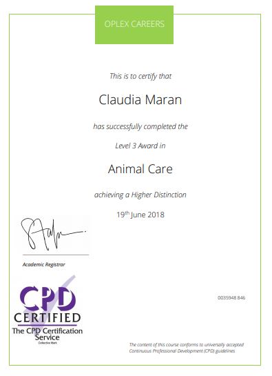 Claudia Maran Level 3 Award in Animal Care certificate