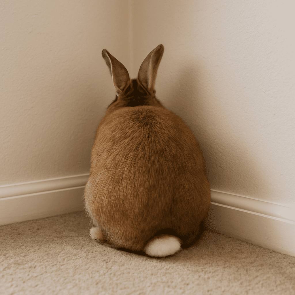 Rabbit hunched facing a corner, a sign of pain