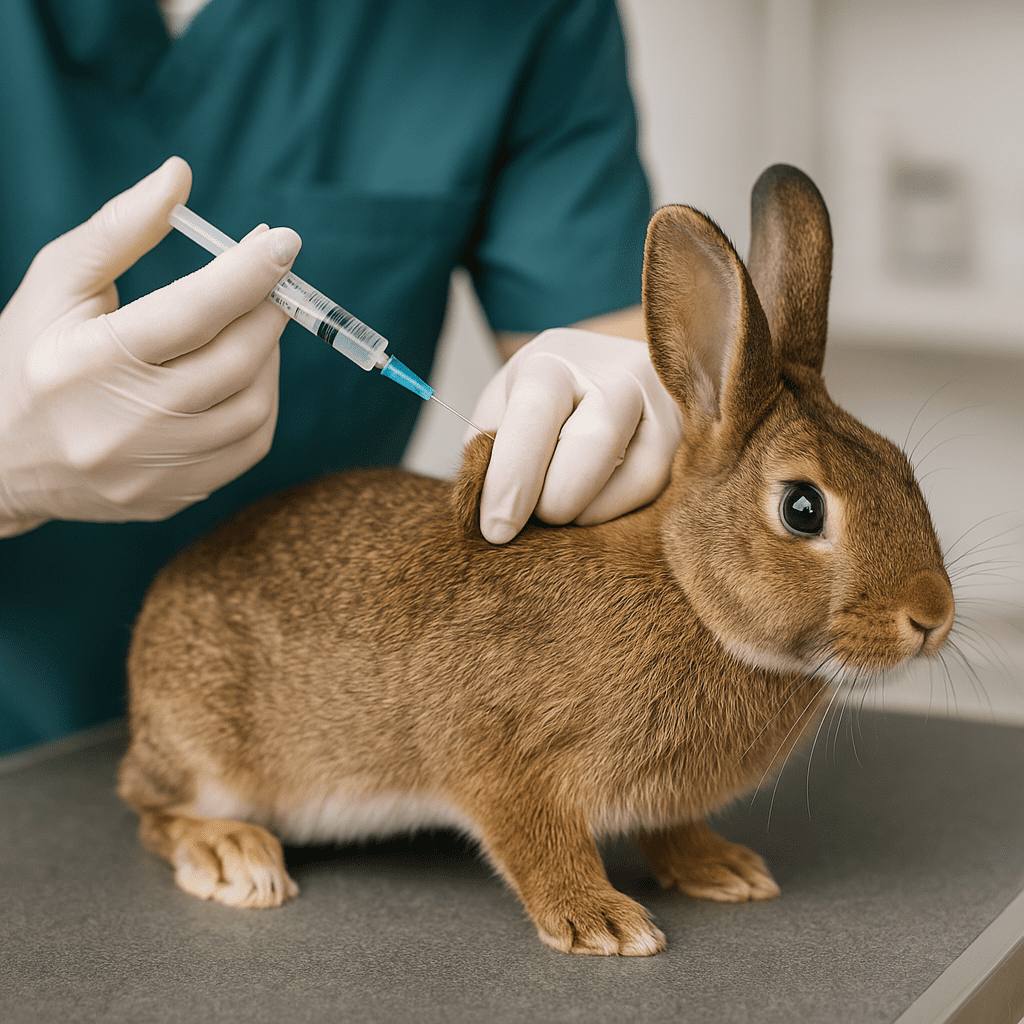 Vet vaccinating a rabbit against myxomatosis and RVHD