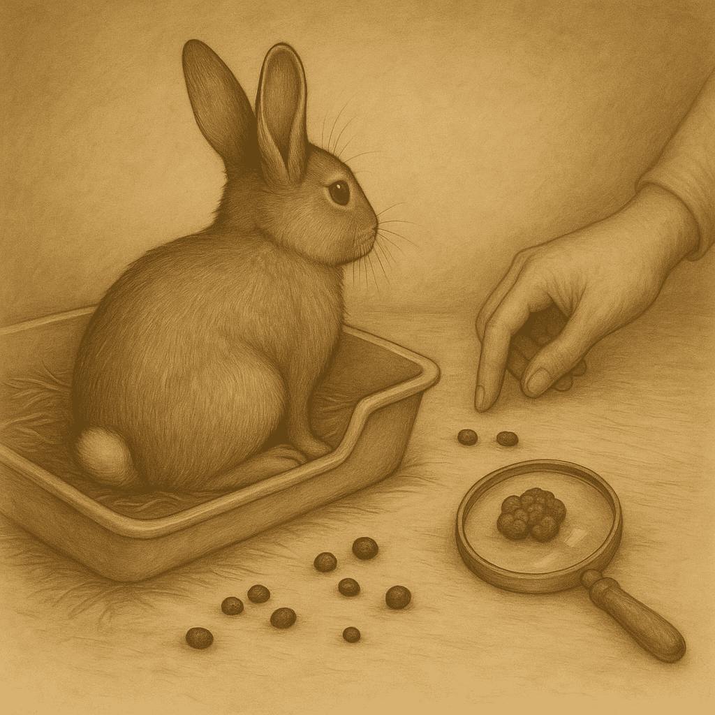 Drawing of an owner checking a rabbit's droppings in a litter tray