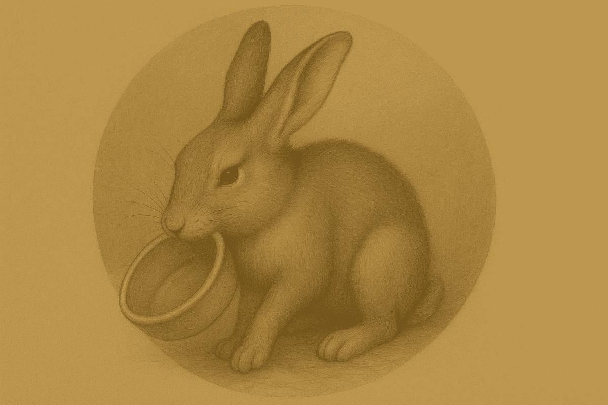 Drawing of a rabbit settled with its food bowl