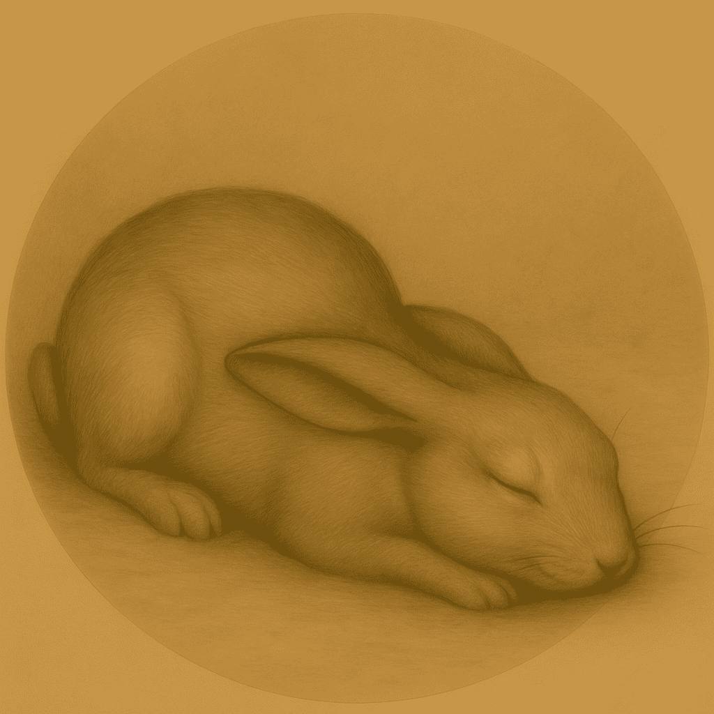 Drawing of a rabbit flopped and asleep