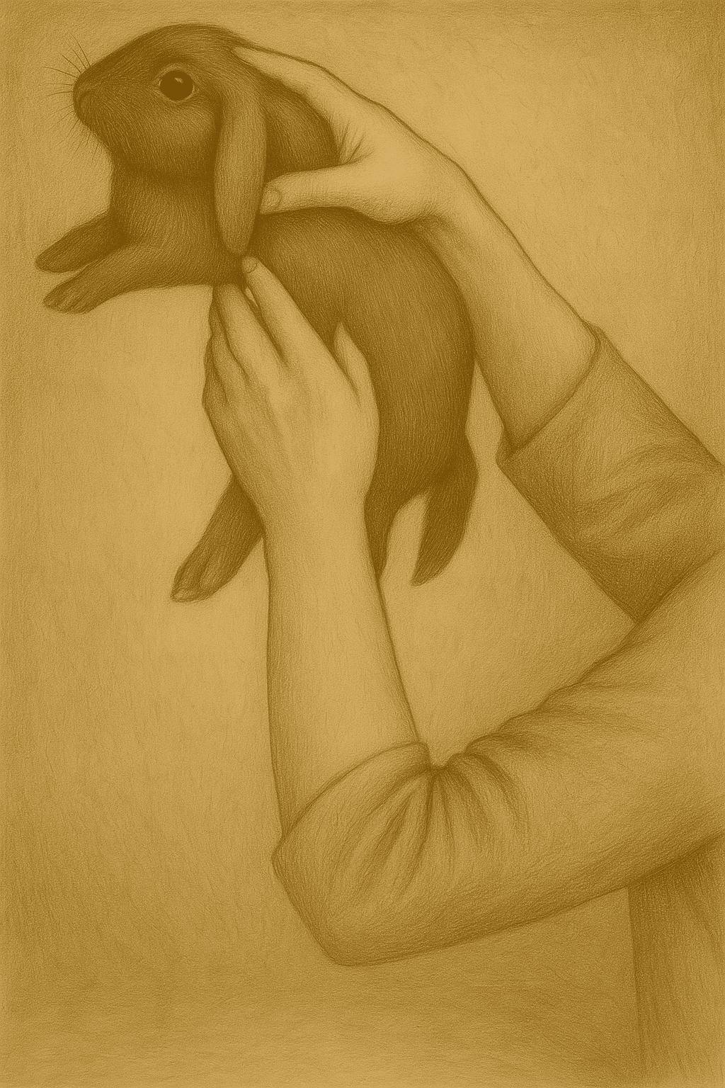 Drawing of a rabbit held upright to clear its airway