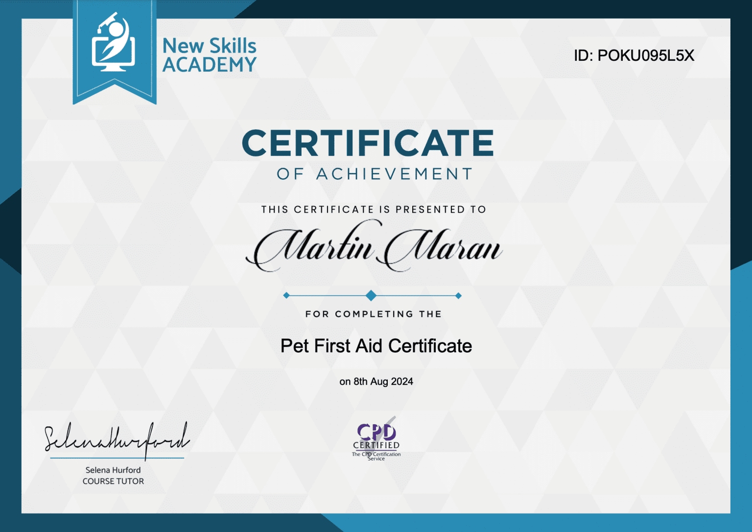 Martin Maran Pet First Aid certificate