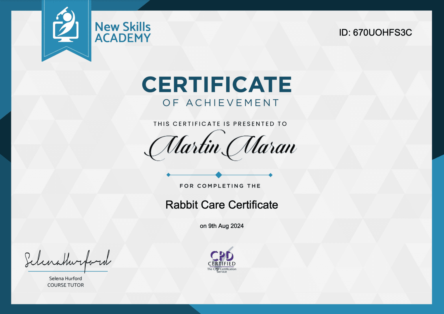 Martin Maran Rabbit Care certificate
