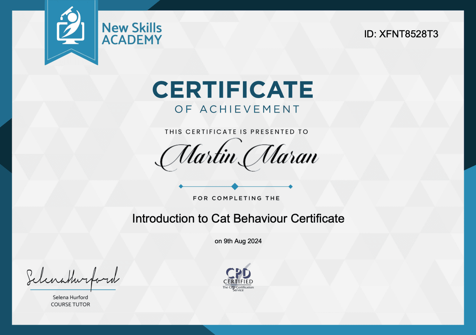 Martin Maran Introduction to Cat Behaviour certificate
