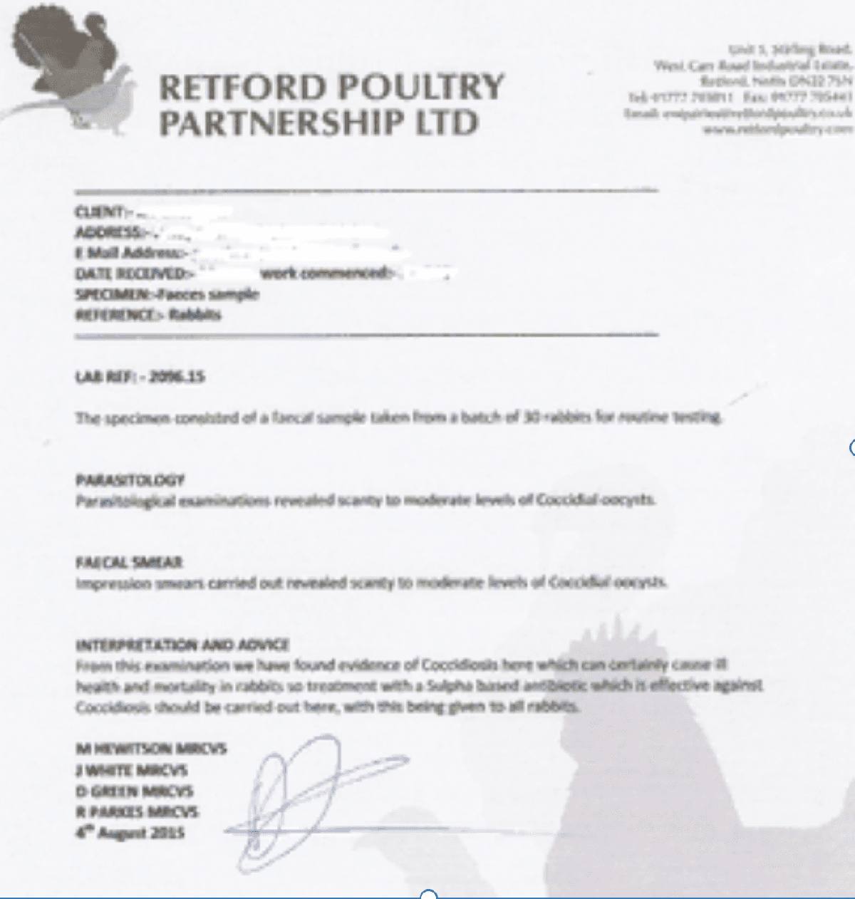 Laboratory faecal report showing coccidial oocysts in rabbits